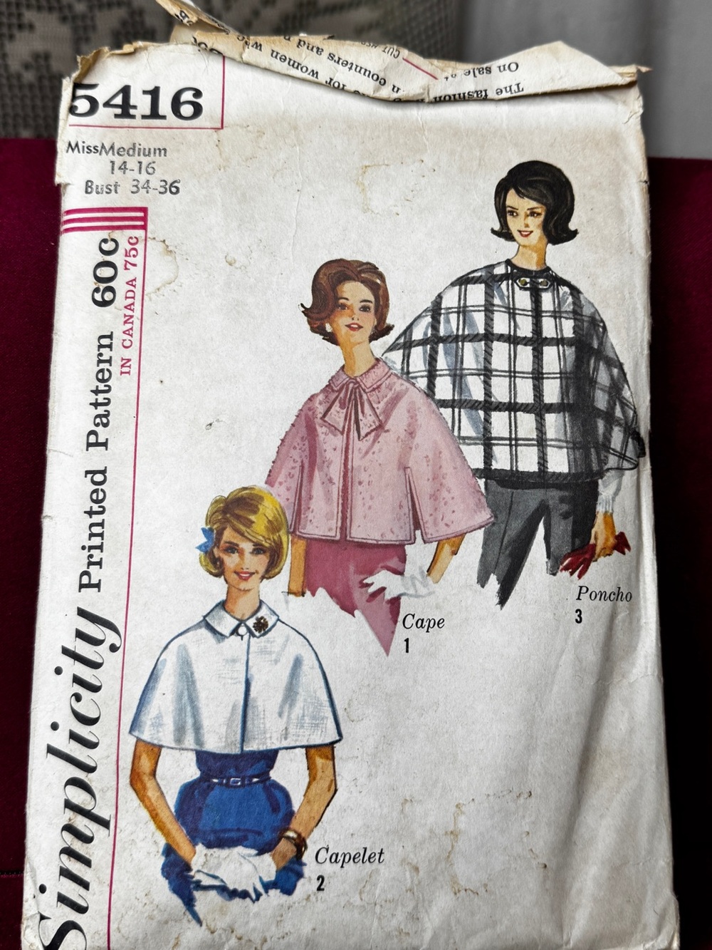 Vintage 1964 Simplicity Poncho Cape Capelet Pattern 5416 Sz 14-16 Medium Cut
